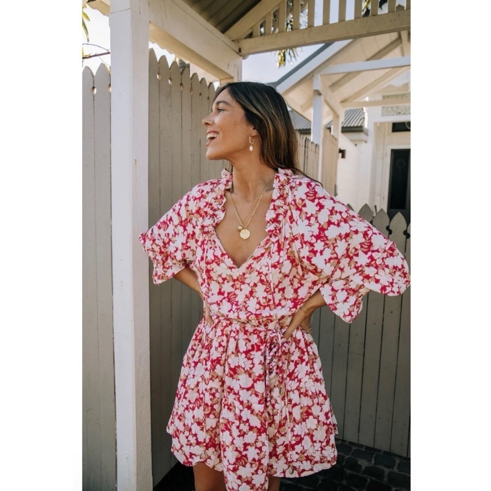 Barefoot Blonde Palm Beach Leilani Dress Pink White Floral Boho Tiered Rayon XS